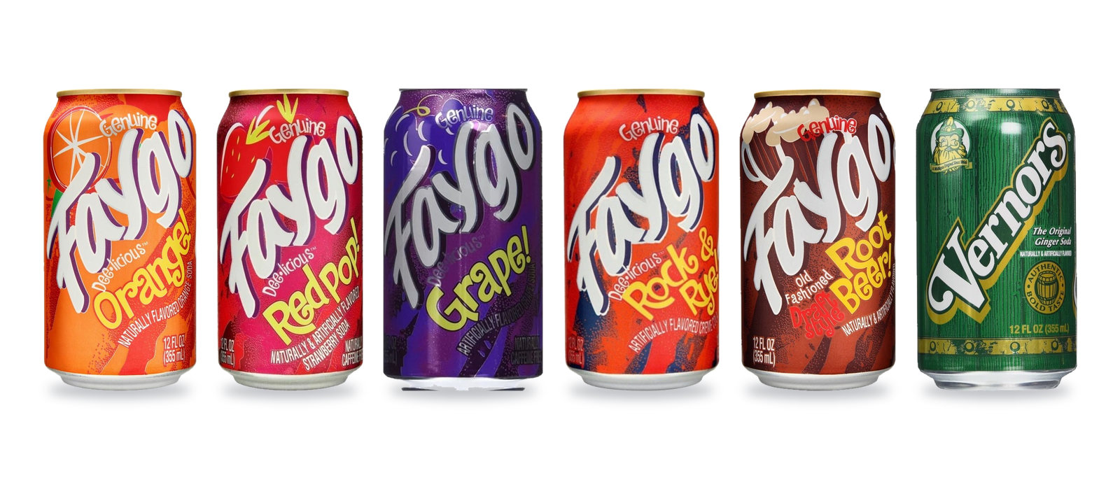 Faygo Orange, Red Pop, Grape, Rock and Rye, Root Beer and Vernors ginger ale cans